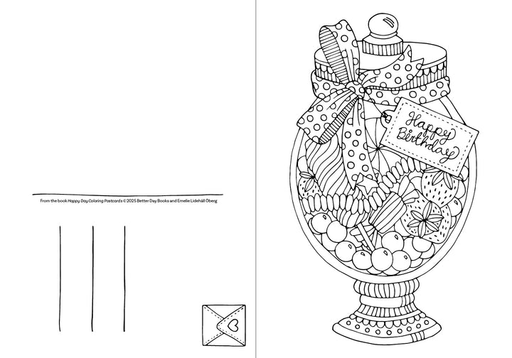 The Happy Day Coloring Postcards by Schiffer Publishing, Ltd. feature a large jar of candies with a polka-dot ribbon and Happy Birthday tag, plus address lines on the left—perfect for fun coloring activities and sending cheerful notes!.
