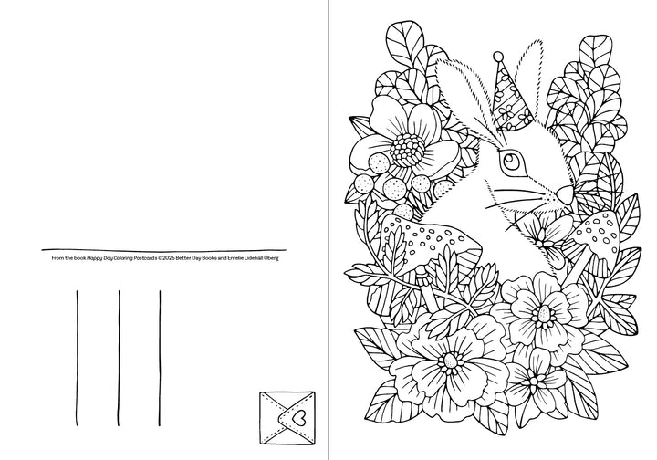 The Happy Day Coloring Postcards by Schiffer Publishing, Ltd. features a whimsical rabbit in a party hat amid flowers and leaves, plus address lines and a small heart envelope—ideal for coloring book fans.