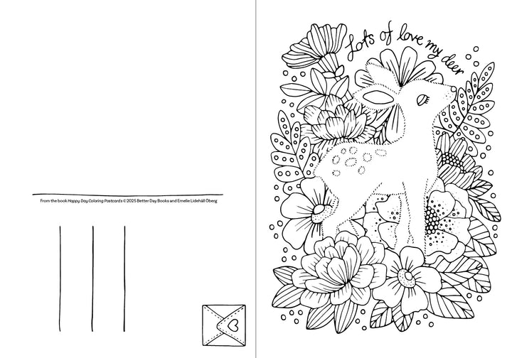 The Happy Day Coloring Postcards by Schiffer Publishing, Ltd. features a deer among flowers and leaves with “Lots of love my dear” above. The left side includes address lines and an envelope illustration for easy mailing.
