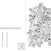 A "Happy Day Coloring Postcards" card by Schiffer Publishing, Ltd. features Emelie Lidehäll Öberg’s house with blooming flowers on the right, and postcard address lines with a small envelope icon on the left.