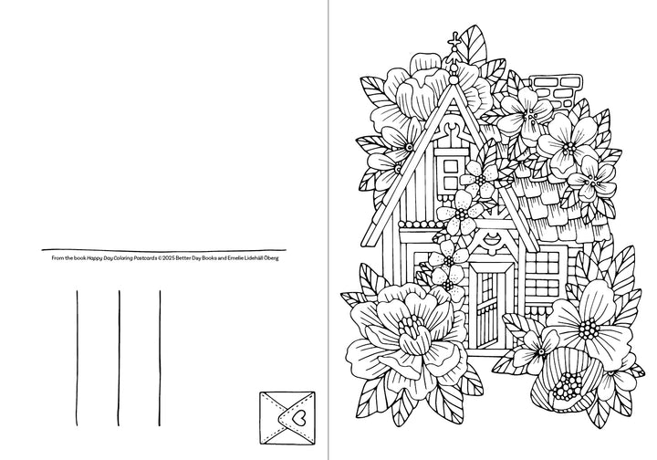 A "Happy Day Coloring Postcards" card by Schiffer Publishing, Ltd. features Emelie Lidehäll Öberg’s house with blooming flowers on the right, and postcard address lines with a small envelope icon on the left.