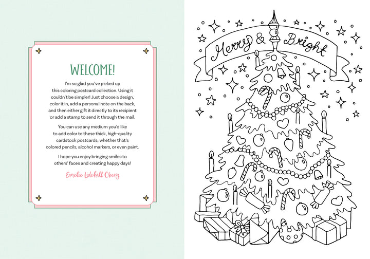 Schiffer Publishing, Ltd. presents Christmas Coloring Postcards featuring a festive tree with ornaments, candy canes, gifts, and a "Merry & Bright" banner—a perfect holiday card to color and share warm wishes.