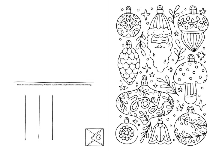 The Christmas Coloring Postcards by Schiffer Publishing, Ltd. feature festive ornaments, a Santa face, mushrooms, leaves, and "joy." The left side includes postcard address lines and an envelope. Art by Emelie Lidehäll Öberg.