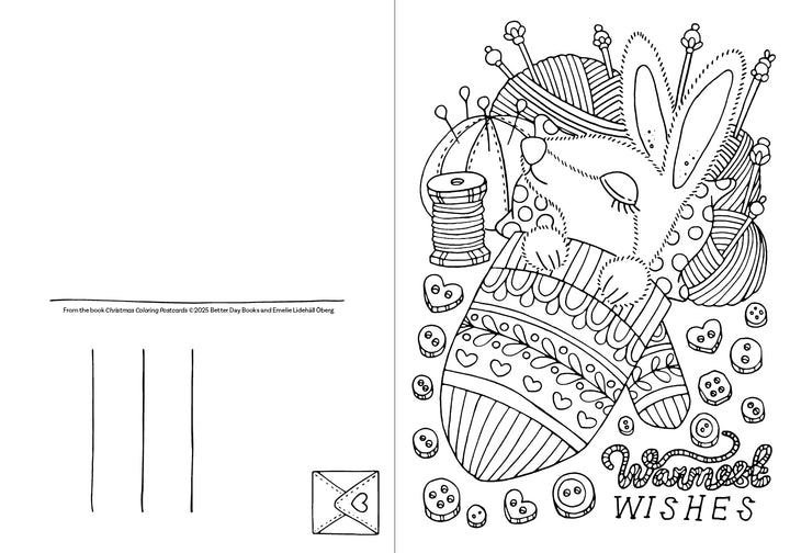A cozy Emelie Lidehäll Öberg illustration on Schiffer Publishing, Ltd.’s Christmas Coloring Postcards features a bunny in a mitten with yarn, buttons, and “Warmest Wishes”—the left resembles a postcard, perfect for holiday coloring cards.