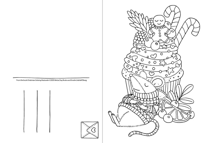 A mouse in a sweater lounges by a giant holiday cupcake with candy canes, berries, stars, orange slices, and a nearby gift. The left side resembles the back of Schiffer Publishing, Ltd.'s Christmas Coloring Postcards.