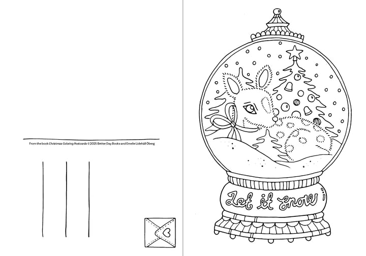 The Christmas Coloring Postcards by Schiffer Publishing, Ltd. feature a "Let it Snow!" snow globe with a reindeer, trees, and snowflakes, plus a postcard back with address lines and heart envelope—perfect for fans of holiday coloring cards.