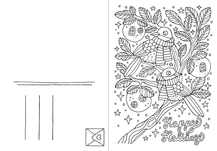 A black-and-white Christmas Coloring Postcard by Schiffer Publishing, Ltd. features two birds on decorated branches with ornaments and stars, “Happy Holidays,” address lines, and an envelope icon—perfect for festive coloring and mailing.