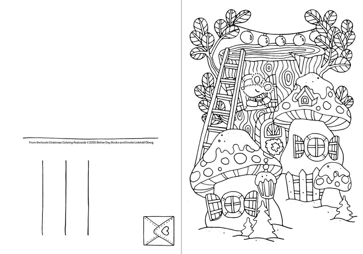 A black-and-white illustration by Emelie Lidehäll Öberg from Schiffer Publishing, Ltd.'s Christmas Coloring Postcards shows a mouse peeking from a wooden door above mushroom houses, surrounded by plants; the left is a blank postcard for holiday coloring.