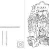 A Christmas Coloring Postcard from Schiffer Publishing, Ltd.'s collection features Emelie Lidehäll Öberg’s design: a decorated fireplace with stockings and presents on the right, and blank address lines with a small envelope on the left.