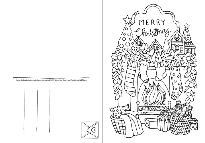 A Christmas Coloring Postcard from Schiffer Publishing, Ltd.'s collection features Emelie Lidehäll Öberg’s design: a decorated fireplace with stockings and presents on the right, and blank address lines with a small envelope on the left.