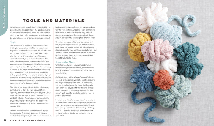 Soft, chunky pastel yarns are arranged on light gray fabric beside a page from "Get Started in Finger Knitting" by Schiffer Publishing, Ltd., showcasing tools and materials for hand-knitting projects.