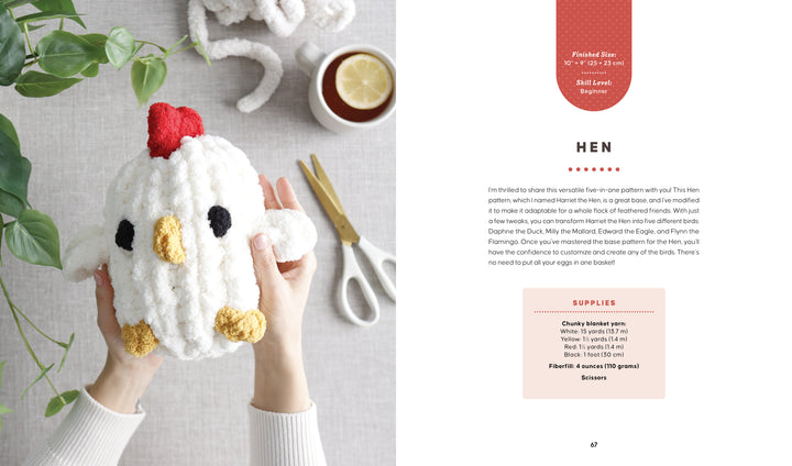 A person holds a plush, white crocheted hen beside chunky yarn, tea, and scissors on a light surface, creating a cozy scene with "Get Started in Finger Knitting" by Schiffer Publishing, Ltd.