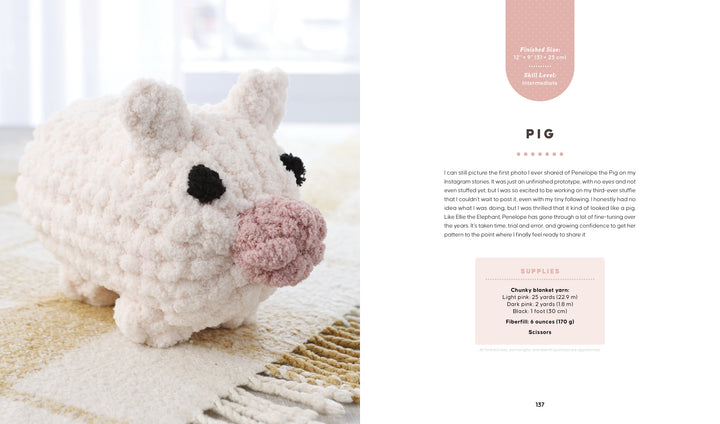 A plush, handmade pink pig—crafted from chunky yarn—rests on a cream and yellow rug. The right page of "Get Started in Finger Knitting" by Schiffer Publishing, Ltd. includes instructions and a supply list for creating the pig.