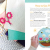 A close-up of colorful Felt Craft Fun supplies by Schiffer Publishing, Ltd.: felt sheets, pins, a felt flower, and on the right, hands hold an embroidery hoop with a cheerful felt flower scene and beginner guide above.