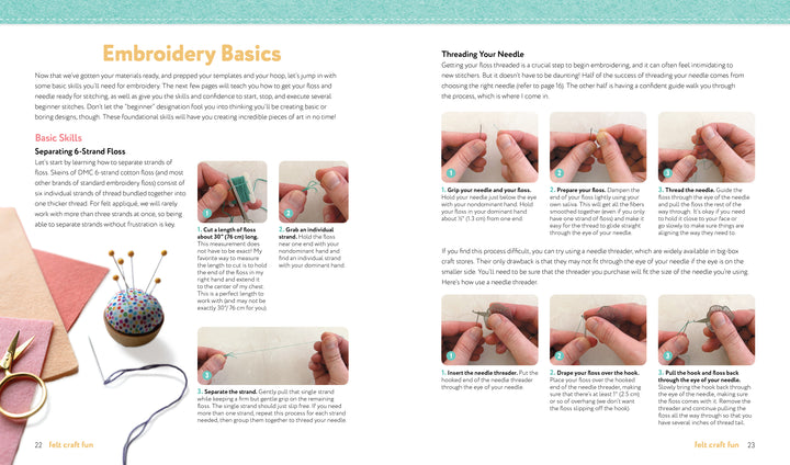 Felt Craft Fun by Schiffer Publishing, Ltd. is a step-by-step guide for beginner embroidery, featuring clear text, a pin cushion photo, and images showing how to separate floss, thread a needle, and pull floss through for easy projects.