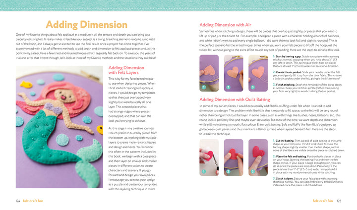 A spread from Felt Craft Fun by Schiffer Publishing, Ltd. shows a step-by-step guide to a layered mermaid felt project on the left, with tips for adding dimension and photos of beginner embroidery hearts on the right.