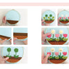 A step-by-step photo guide shows hands assembling a flower scene with stems, leaves, and blooms from "Felt Craft Fun" by Schiffer Publishing, Ltd., using felt pieces on a blue background with a brown soil strip—great for beginners.