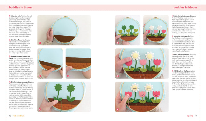A step-by-step photo guide shows hands assembling a flower scene with stems, leaves, and blooms from "Felt Craft Fun" by Schiffer Publishing, Ltd., using felt pieces on a blue background with a brown soil strip—great for beginners.