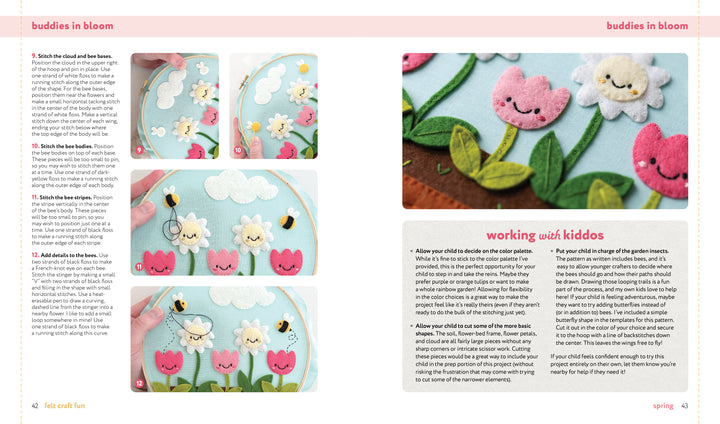 Felt Craft Fun by Schiffer Publishing, Ltd. offers step-by-step instructions to stitch and assemble cheerful felt flowers and leaves on light blue fabric, with close-up images, tips for crafting with kids, and ideas for beginner embroidery projects.