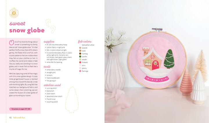 The book "Felt Craft Fun" by Schiffer Publishing, Ltd. features a pink felt snow globe embroidery with a house, tree, and snow on a hoop beside two pastel bottle brush trees, plus beginner-friendly step-by-step instructions and supply lists.