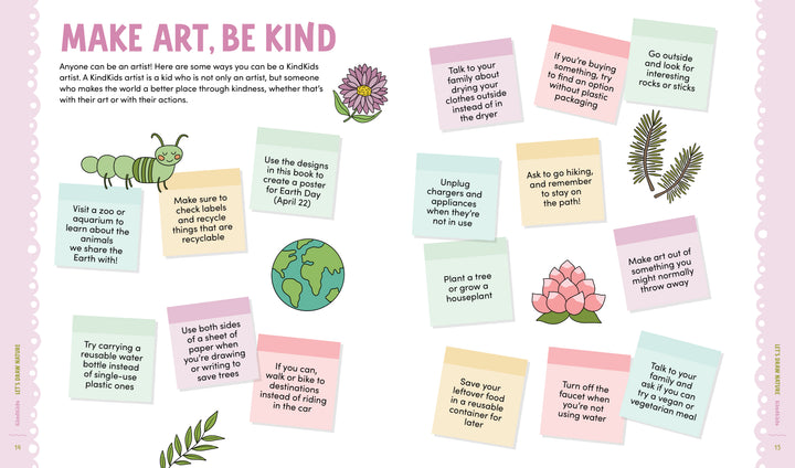 Schiffer Publishing, Ltd.'s "KindKids Let's Draw Nature" is a colorful illustrated guide featuring a green caterpillar, step-by-step drawing lessons for kids, sticky notes with kind activities, and drawings of leaves and a flower.