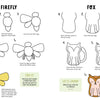 The KindKids Let's Draw Nature book by Schiffer Publishing, Ltd. features step-by-step guides to drawing a firefly and a fox, using simple numbered illustrations, brief instructions, plus tips and a joke in green boxes.