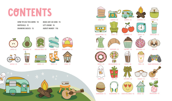 The colorful table of contents in KindKids Let's Draw Cute Stuff by Schiffer Publishing, Ltd. features cute drawings—fruit, bicycles, cakes, cameras, campfires, and musical instruments—each labeled with a page number under a pink CONTENTS title.