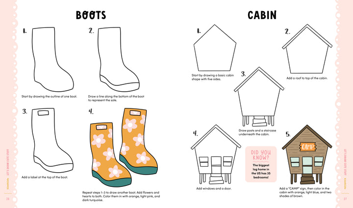 KindKids Let's Draw Cute Stuff by Schiffer Publishing, Ltd. features step-by-step lessons for drawing flower-filled boots and a brown CAMP cabin—complete with text, tips, and adorable guidance for kids.