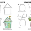 KindKids Let's Draw Cute Stuff by Schiffer Publishing, Ltd. offers four easy drawing lessons for kids to create a green house with foliage and a houseplant in a pink spotted pot—a fun addition to any children’s drawing book.