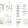 The Bibliophile's Coloring and Lettering Book by Schiffer Publishing, Ltd. features a two-page illustrated table of contents with pastel borders, outlining sections on Coloring, Lettering, and Extras in pink, green, and yellow.
