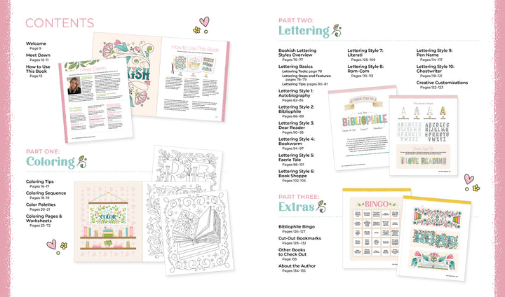 The Bibliophile's Coloring and Lettering Book by Schiffer Publishing, Ltd. features a two-page illustrated table of contents with pastel borders, outlining sections on Coloring, Lettering, and Extras in pink, green, and yellow.