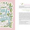 Playful illustration of "A book a day keeps reality away" with green leaves, pink flowers, and yellow berries beside a welcome letter introducing The Bibliophile's Coloring and Lettering Book by Schiffer Publishing, Ltd., featuring book-themed pages.