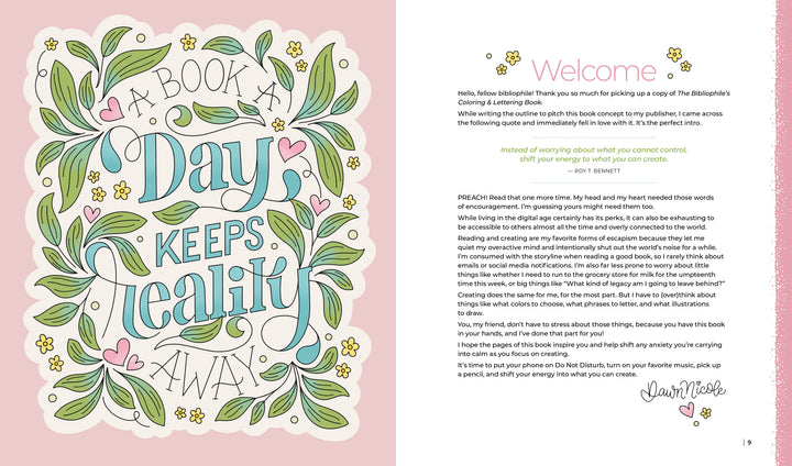 Playful illustration of "A book a day keeps reality away" with green leaves, pink flowers, and yellow berries beside a welcome letter introducing The Bibliophile's Coloring and Lettering Book by Schiffer Publishing, Ltd., featuring book-themed pages.