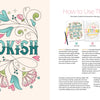 A floral, nature-inspired design frames "BOOKISH" in teal beside three book pages and a "How to Use This Book" guide for The Bibliophile's Coloring and Lettering Book by Schiffer Publishing, Ltd., outlining themed coloring, lettering lessons, and extras.