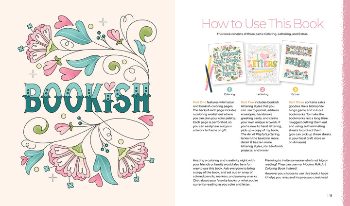 A floral, nature-inspired design frames "BOOKISH" in teal beside three book pages and a "How to Use This Book" guide for The Bibliophile's Coloring and Lettering Book by Schiffer Publishing, Ltd., outlining themed coloring, lettering lessons, and extras.