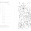 From Schiffer Publishing, Ltd.'s The Bibliophile's Coloring and Lettering Book: two printable pages—one features READ in decorative letters, the other displays "I read past my bedtime" with flowers, stars, a moon, and ornate designs.