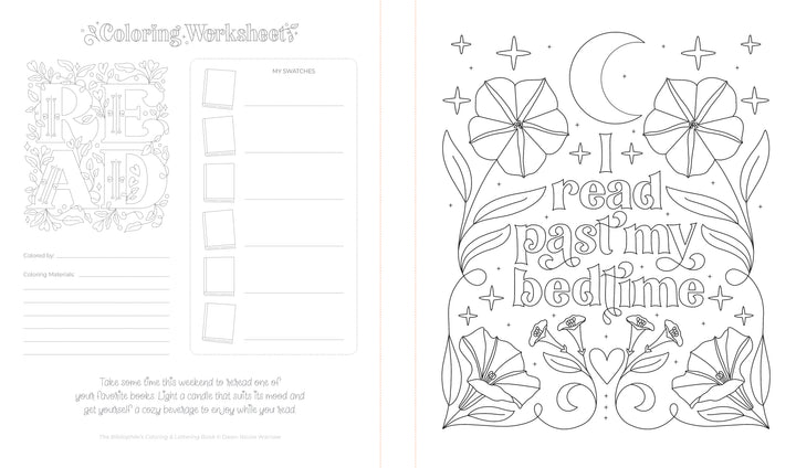 From Schiffer Publishing, Ltd.'s The Bibliophile's Coloring and Lettering Book: two printable pages—one features READ in decorative letters, the other displays "I read past my bedtime" with flowers, stars, a moon, and ornate designs.