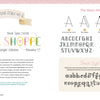 An illustrated page from The Bibliophile's Coloring and Lettering Book by Schiffer Publishing, Ltd. features pastel Book Shoppe art, alphabet samples, notes, and hand lettering steps—ideal for adult activity book fans seeking inspiration.