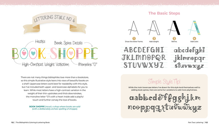 An illustrated page from The Bibliophile's Coloring and Lettering Book by Schiffer Publishing, Ltd. features pastel Book Shoppe art, alphabet samples, notes, and hand lettering steps—ideal for adult activity book fans seeking inspiration.