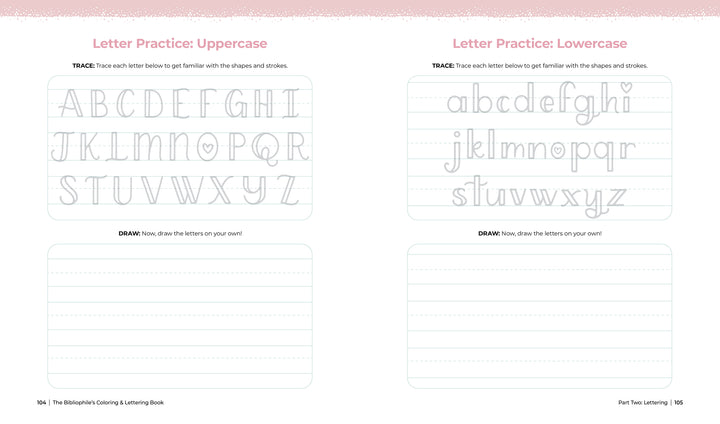 The Bibliophile's Coloring and Lettering Book by Schiffer Publishing, Ltd. includes two handwriting practice pages: the left page features uppercase A–Z, the right page lowercase a–z, both with dotted lines to guide your lettering practice.