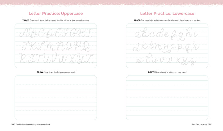 The Bibliophile's Coloring and Lettering Book by Schiffer Publishing, Ltd. offers a handwriting worksheet with uppercase cursive on the left, lowercase on the right, traceable outlines, and blank lines for lettering and writing practice.