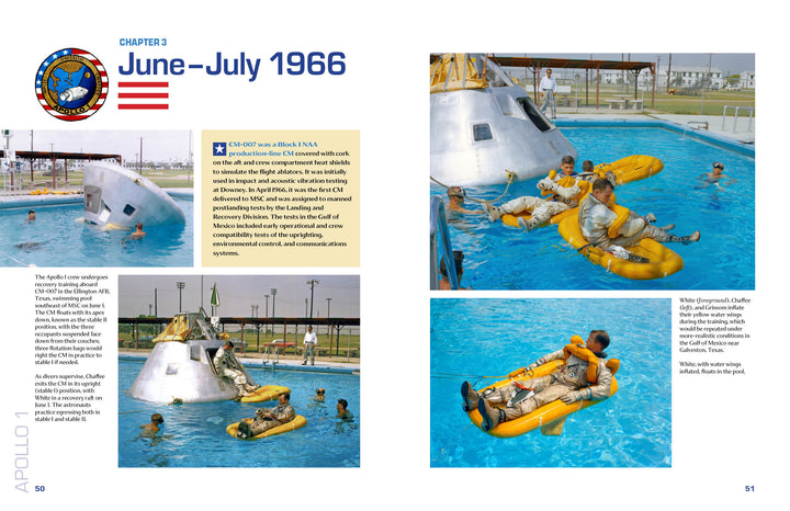 Navy divers and astronauts conduct water egress training with the Apollo command module in a pool, as seen in Schiffer Publishing, Ltd.'s "Apollo 1 in Photographs," while instructors watch from the poolside under a partly cloudy sky.