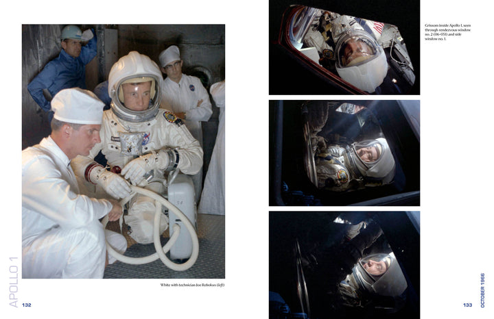 Apollo 1 in Photographs by Schiffer Publishing, Ltd. features images of an astronaut in a white spacesuit assisted by technicians and astronauts in spacesuits inside a spacecraft, seen through the command module windows.