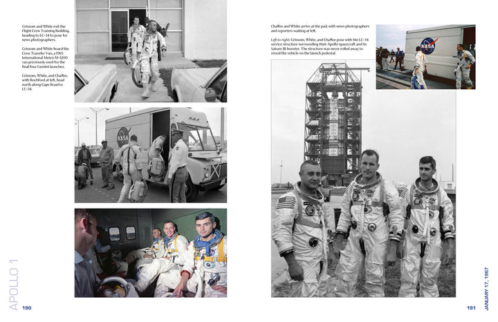 Astronauts in white suits prepare for Apollo 1 beside NASA staff and logo at the launch pad—a historic moon mission moment, as seen in "Apollo 1 in Photographs" by Schiffer Publishing, Ltd.