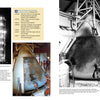 A two-page spread from "Apollo 1 in Photographs" by Schiffer Publishing, Ltd. shows the Saturn IB rocket at night and the damaged command module, plus a timeline of transmissions, depicting the Apollo 1 tragedy during the moon-landing program.
