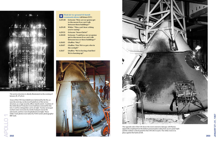 A two-page spread from "Apollo 1 in Photographs" by Schiffer Publishing, Ltd. shows the Saturn IB rocket at night and the damaged command module, plus a timeline of transmissions, depicting the Apollo 1 tragedy during the moon-landing program.