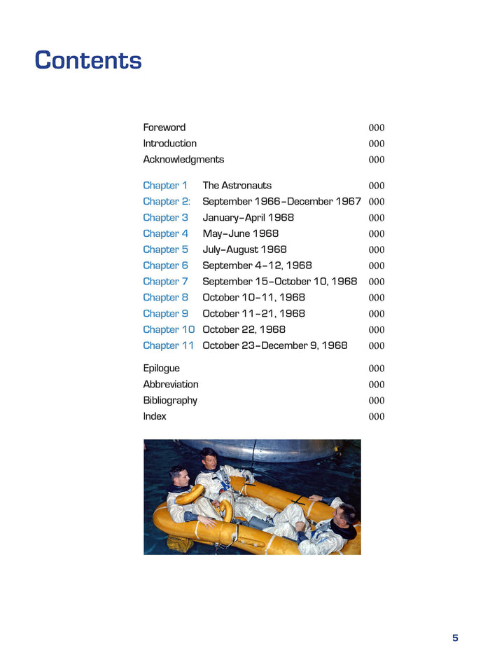 Table of contents page for "Apollo 7 in Photographs" by Schiffer Publishing, Ltd., listing chapters by date. At the bottom is an Apollo Photo Archive image: three astronauts in spacesuits in a yellow life raft in water. Page 5 appears at lower right.