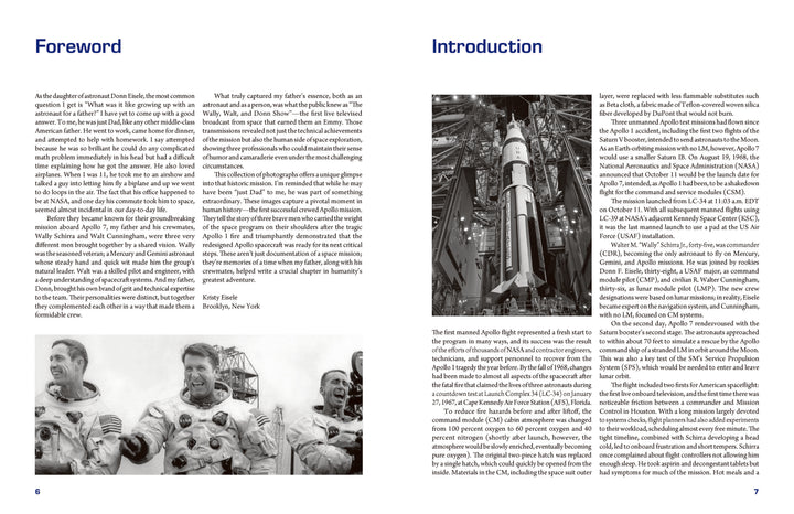 Two pages from Schiffer Publishing, Ltd.'s "Apollo 7 in Photographs": the left page has a foreword and black-and-white photo of the smiling Apollo 7 crew; the right page features an introduction beside a Saturn V rocket in a hangar.