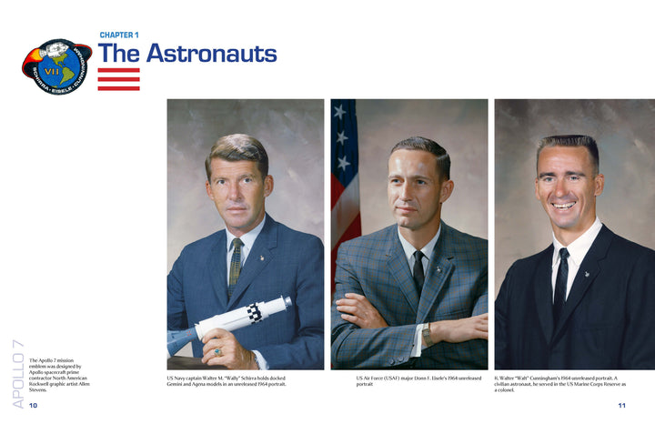 Apollo 7 in Photographs by Schiffer Publishing, Ltd. features three formal astronaut portraits: one holding a rocket model, one seated by the flag, and one smiling. NASA and Apollo 7 mission patches appear at top left. Part of the Apollo Photo Archive.