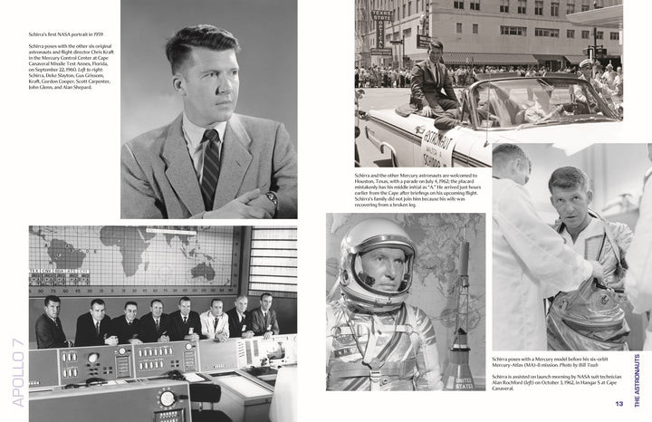 Apollo 7 in Photographs by Schiffer Publishing, Ltd. features black-and-white images of NASA engineer Rocco Petrone, control room officials, a spacesuited astronaut, a motorcade, and highlights from the historic moon-landing program.